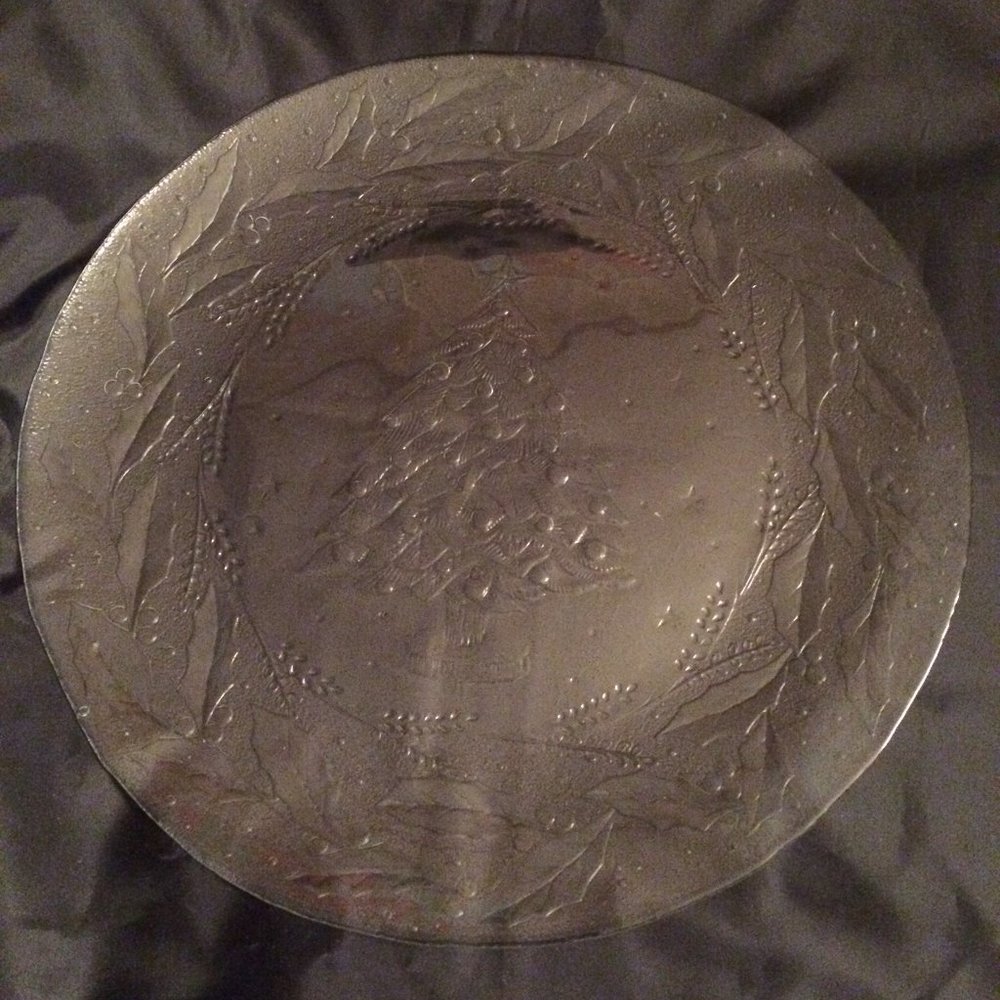Christmas Tree Holly Stars Serving Glass Platter
